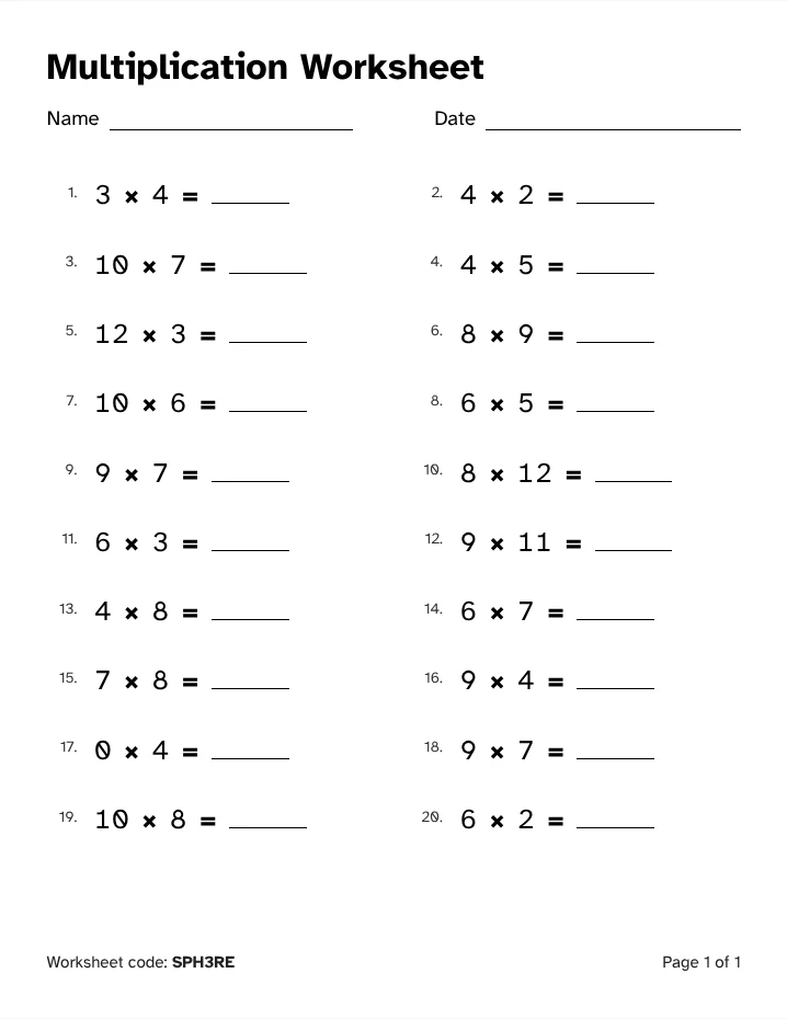 A printed multiplication worksheet with twenty problems, a Name line and a Date line.
